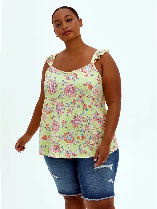 torrid Tops - Torrid Supersoft Knit Yellow Floral Ruffle-Strap Camisole Stretch Modal Size 3X